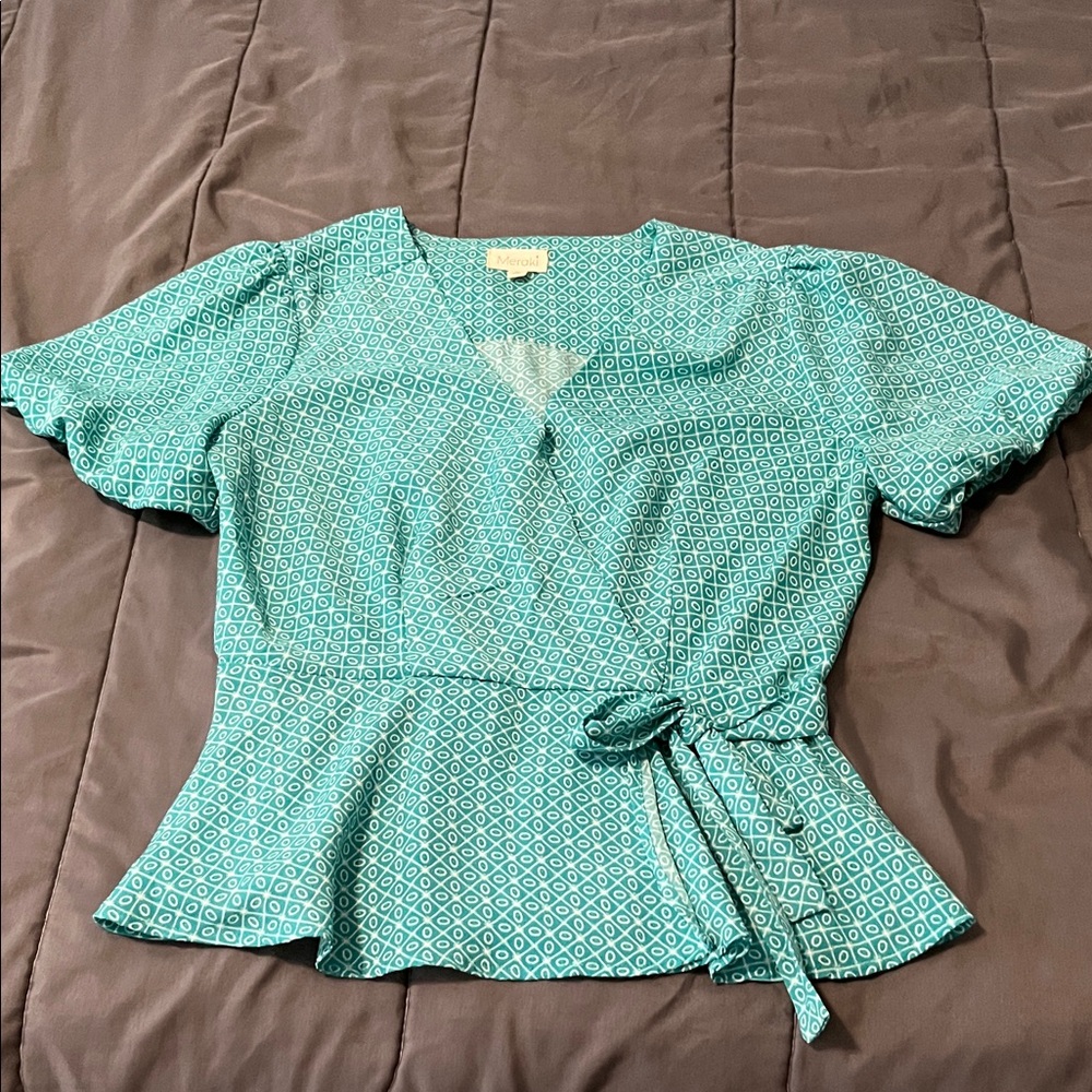 Meraki Teal Geometric Wrap Blouse